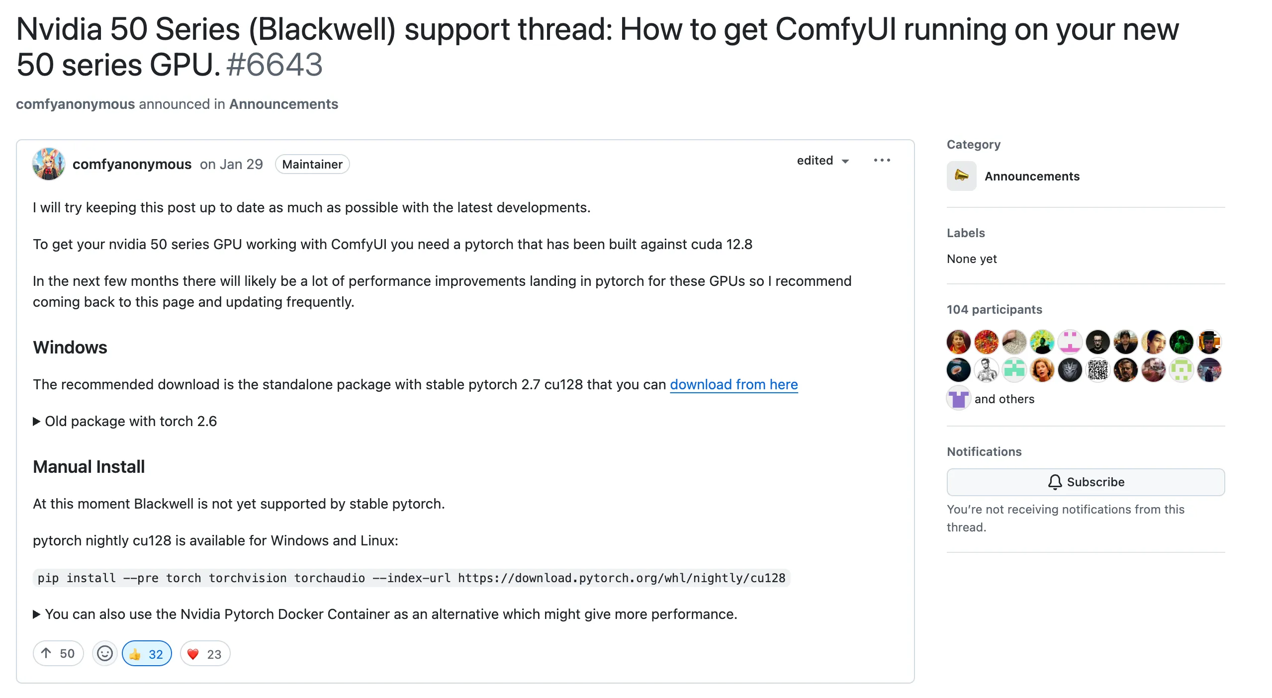 Screenshot of the GitHub issue that describes how to run ComfyUI on an RTX 50 series GPU