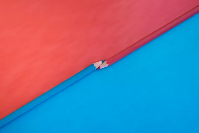 A blue pencil at diagonal to a red pencil, alluding to opposing political parties. The pencils might remind some of voting day.
